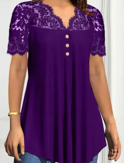 Clearance Women's Lace Shirt Solid Color Stylish Casual Short Sleeve V Neck Regular Tops Daily Lace Patchwork Buttons Black Wine Purple Summer Spring Women Lace Tops