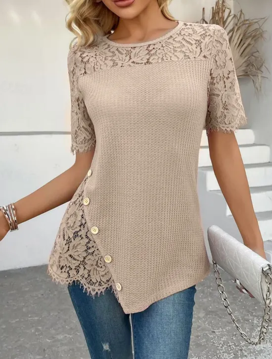 Best Women's Lace Shirt Solid Color Stylish Casual Short Sleeve Crew Neck Regular Tops Daily Lace Patchwork Pink Purple Gold Green Khaki Summer Women Lace Tops