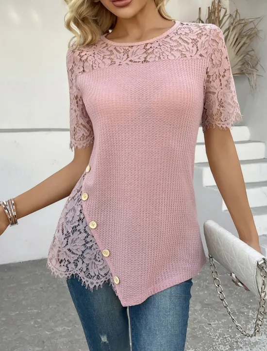 Best Women's Lace Shirt Solid Color Stylish Casual Short Sleeve Crew Neck Regular Tops Daily Lace Patchwork Pink Purple Gold Green Khaki Summer Women Lace Tops