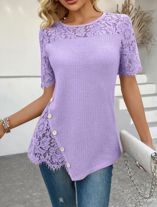 Best Women's Lace Shirt Solid Color Stylish Casual Short Sleeve Crew Neck Regular Tops Daily Lace Patchwork Pink Purple Gold Green Khaki Summer Women Lace Tops