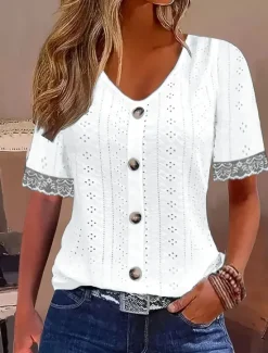 Clearance Women's Lace Shirt Solid Color Stylish Casual Beach Short Sleeve V Neck Regular Tops Daily Lace Patchwork Buttons White Sky Blue Summer Women Lace Tops