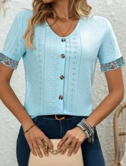 Clearance Women's Lace Shirt Solid Color Stylish Casual Beach Short Sleeve V Neck Regular Tops Daily Lace Patchwork Buttons White Sky Blue Summer Women Lace Tops