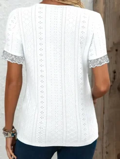 Clearance Women's Lace Shirt Solid Color Stylish Casual Beach Short Sleeve V Neck Regular Tops Daily Lace Patchwork Buttons White Sky Blue Summer Women Lace Tops