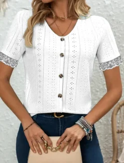 Clearance Women's Lace Shirt Solid Color Stylish Casual Beach Short Sleeve V Neck Regular Tops Daily Lace Patchwork Buttons White Sky Blue Summer Women Lace Tops