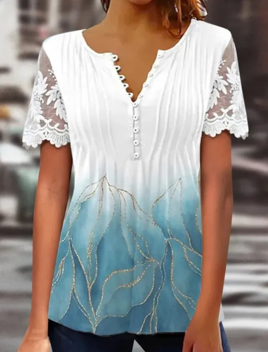 Women's Lace Splicing Top Graphic Flowers Elegant Bohemia Fashion Short Sleeve Flutter Sleeve Round Neck Regular Tops Daily Weekend Vacation Wear Lace Patchwork Print White Light Green Navy Blue Blue Women Boho Tops