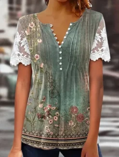Women's Lace Splicing Top Graphic Flowers Elegant Bohemia Fashion Short Sleeve Flutter Sleeve Round Neck Regular Tops Daily Weekend Vacation Wear Lace Patchwork Print White Light Green Navy Blue Blue Women Boho Tops