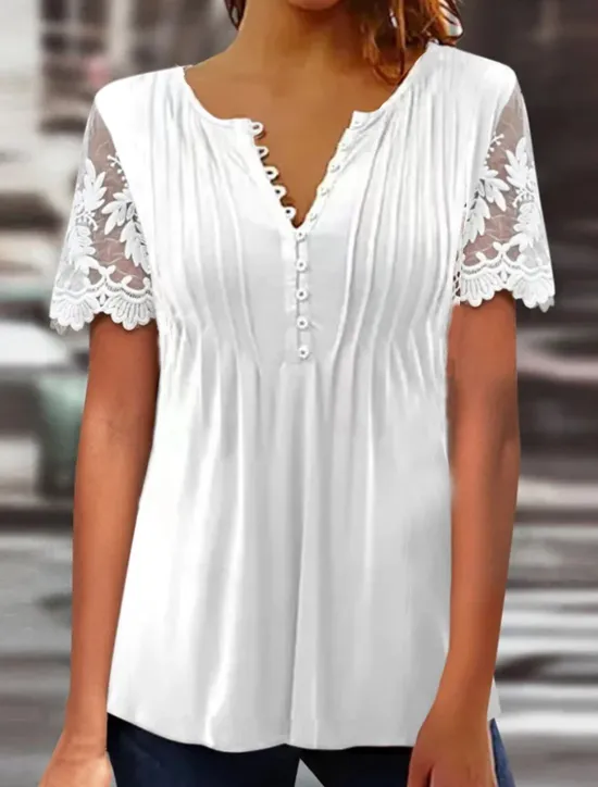 Women's Lace Splicing Top Graphic Flowers Elegant Bohemia Fashion Short Sleeve Flutter Sleeve Round Neck Regular Tops Daily Weekend Vacation Wear Lace Patchwork Print White Light Green Navy Blue Blue Women Boho Tops