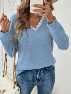 Outlet Women's Lace Splicing Top Solid Color Stylish Casual Long Sleeve V Neck Regular Tops Daily Lace Patchwork Black White Blue Beige Gray Spring Fall Winter Women Pullovers & Tops