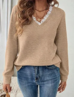 Outlet Women's Lace Splicing Top Solid Color Stylish Casual Long Sleeve V Neck Regular Tops Daily Lace Patchwork Black White Blue Beige Gray Spring Fall Winter Women Pullovers & Tops