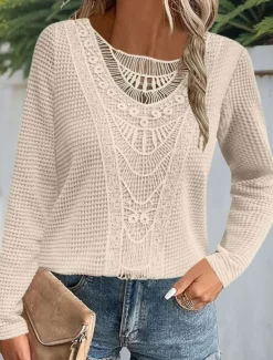 Hot Women's Lace Splicing Top Solid Color Stylish Casual Long Sleeve Crew Neck Regular Tops Daily Lace Patchwork Pink Wine Blue Fuchsia Orange Summer Spring Fall Women Lace Tops