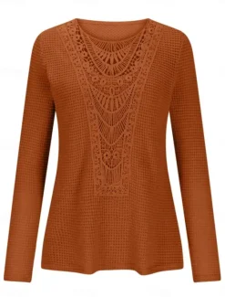 Hot Women's Lace Splicing Top Solid Color Stylish Casual Long Sleeve Crew Neck Regular Tops Daily Lace Patchwork Pink Wine Blue Fuchsia Orange Summer Spring Fall Women Lace Tops