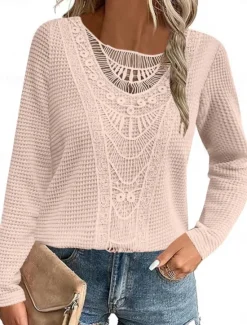 Hot Women's Lace Splicing Top Solid Color Stylish Casual Long Sleeve Crew Neck Regular Tops Daily Lace Patchwork Pink Wine Blue Fuchsia Orange Summer Spring Fall Women Lace Tops