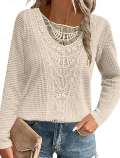 Hot Women's Lace Splicing Top Solid Color Stylish Casual Long Sleeve Crew Neck Regular Tops Daily Lace Patchwork Pink Wine Blue Fuchsia Orange Summer Spring Fall Women Lace Tops