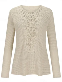 Hot Women's Lace Splicing Top Solid Color Stylish Casual Long Sleeve Crew Neck Regular Tops Daily Lace Patchwork Pink Wine Blue Fuchsia Orange Summer Spring Fall Women Lace Tops