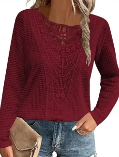 Hot Women's Lace Splicing Top Solid Color Stylish Casual Long Sleeve Crew Neck Regular Tops Daily Lace Patchwork Pink Wine Blue Fuchsia Orange Summer Spring Fall Women Lace Tops