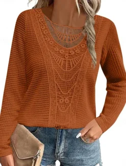 Hot Women's Lace Splicing Top Solid Color Stylish Casual Long Sleeve Crew Neck Regular Tops Daily Lace Patchwork Pink Wine Blue Fuchsia Orange Summer Spring Fall Women Lace Tops