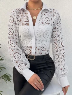 New Women's Lace Splicing Top Elegant Long Sleeve V Neck Regular Tops Summer Spring Women Lace Tops