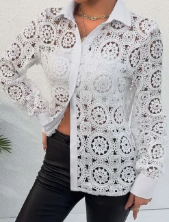 New Women's Lace Splicing Top Elegant Long Sleeve V Neck Regular Tops Summer Spring Women Lace Tops
