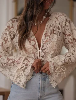 New Women's Lace Splicing Top Solid Color Stylish Casual Long Sleeve V Neck Regular Tops Daily Lace Patchwork Summer Spring Women Lace Tops