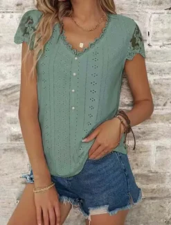 Discount Women's Lace Splicing Top Elegant Short Sleeve V Neck Regular Tops White Light Green Summer Spring Women Lace Tops