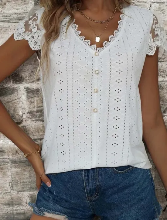 Discount Women's Lace Splicing Top Elegant Short Sleeve V Neck Regular Tops White Light Green Summer Spring Women Lace Tops