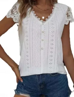 Discount Women's Lace Splicing Top Elegant Short Sleeve V Neck Regular Tops White Light Green Summer Spring Women Lace Tops