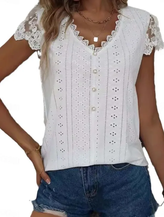 Discount Women's Lace Splicing Top Elegant Short Sleeve V Neck Regular Tops White Light Green Summer Spring Women Lace Tops