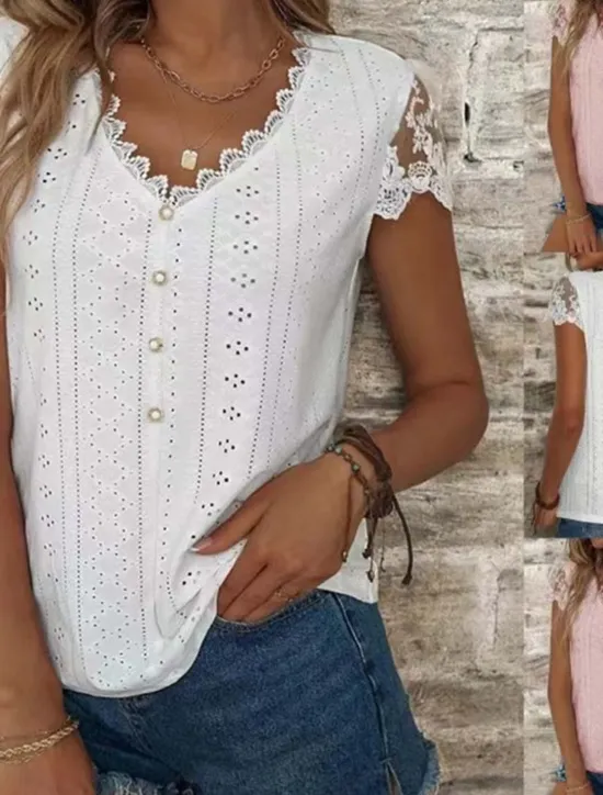 Discount Women's Lace Splicing Top Elegant Short Sleeve V Neck Regular Tops White Light Green Summer Spring Women Lace Tops