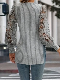 Best Women's Lace Splicing Top Solid Color Stylish Casual Long Sleeve V Neck Regular Tops Daily Lace Patchwork Summer Spring Women Lace Tops