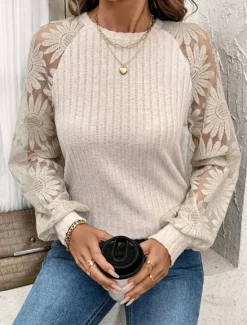 Best Women's Lace Splicing Top Solid Color Elegant Stylish Casual Long Sleeve Crew Neck Regular Tops Daily Lace Patchwork Summer Spring Women Lace Tops