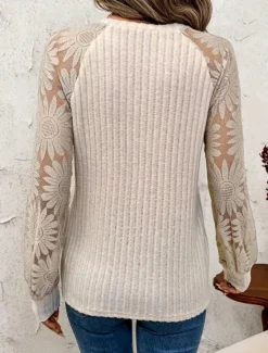 Best Women's Lace Splicing Top Solid Color Elegant Stylish Casual Long Sleeve Crew Neck Regular Tops Daily Lace Patchwork Summer Spring Women Lace Tops