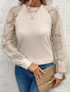 Best Women's Lace Splicing Top Solid Color Elegant Stylish Casual Long Sleeve Crew Neck Regular Tops Daily Lace Patchwork Summer Spring Women Lace Tops