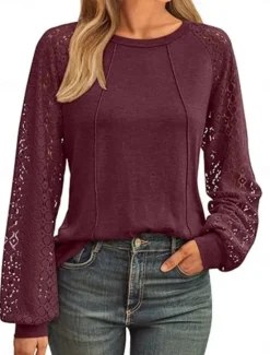 Sale Women's Lace Splicing Top Solid Color Stylish Casual Long Sleeve Crew Neck Regular Tops Daily Lace Patchwork Black Pink Wine Green Summer Spring Women Lace Tops