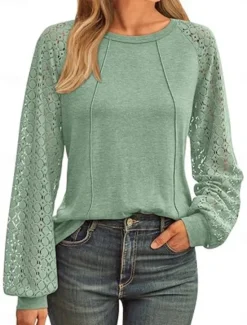 Sale Women's Lace Splicing Top Solid Color Stylish Casual Long Sleeve Crew Neck Regular Tops Daily Lace Patchwork Black Pink Wine Green Summer Spring Women Lace Tops