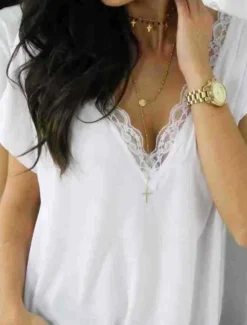 Discount Women's Lace Splicing Top Elegant Short Sleeve V Neck Regular Tops Black White Summer Spring Women Lace Tops
