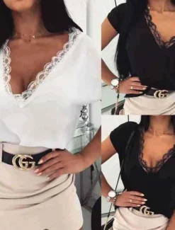 Discount Women's Lace Splicing Top Elegant Short Sleeve V Neck Regular Tops Black White Summer Spring Women Lace Tops