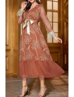 Women's Lace up Tassel Fringe Vintage Dress Long Dress Maxi Dress Plain V Neck Long Sleeve Spring Fall Women Cocktail Dress