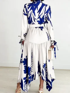 Best Women's Leaf Shirt Collar Maxi Dress Long Sleeve Summer Spring Women Cocktail Dress