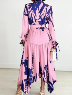 Best Women's Leaf Shirt Collar Maxi Dress Long Sleeve Summer Spring Women Cocktail Dress