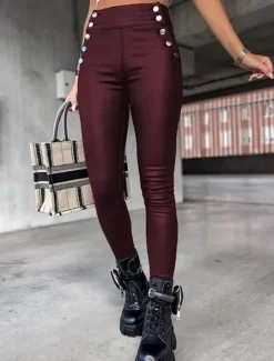 Online Women's Leather Pants Leggings Fashion Streetwear Full Length High Waist Plain Comfy Soft Comfortable Micro-elastic Outdoor Street Wine Black Khaki Summer Spring Skinny Women Leggings