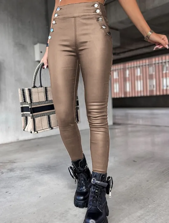 Online Women's Leather Pants Leggings Fashion Streetwear Full Length High Waist Plain Comfy Soft Comfortable Micro-elastic Outdoor Street Wine Black Khaki Summer Spring Skinny Women Leggings