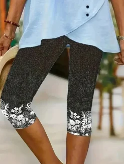 Women's Leggings Capri Pants High Elasticity Vacation Vintage Fashion Calf-Length Mid Waist Floral Graphic Printing Breathable Soft Stretchy Vacation Street Causal Robin's Egg Blue Black Women Leggings