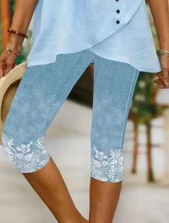 Outlet Women's Leggings Capri Pants High Elasticity Fashion Streetwear Full Length Mid Waist Floral Printing Thermal Warm Breathable Soft Outdoor Daily Beach Buff Black Blue Sky Blue Summer Spring Women Leggings|Spring Pants