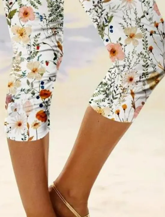 Outlet Women's Leggings Capri Pants High Elasticity Fashion Streetwear Full Length Mid Waist Floral Printing Thermal Warm Breathable Soft Outdoor Daily Beach Buff Black Blue Sky Blue Summer Spring Women Leggings|Spring Pants