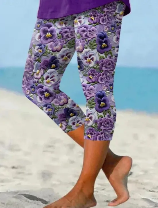 Outlet Women's Leggings Capri Pants High Elasticity Fashion Streetwear Full Length Mid Waist Floral Printing Thermal Warm Breathable Soft Outdoor Daily Beach Buff Black Blue Sky Blue Summer Spring Women Leggings|Spring Pants