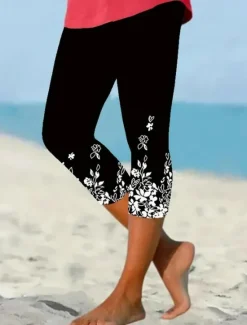 Outlet Women's Leggings Capri Pants High Elasticity Fashion Streetwear Full Length Mid Waist Floral Printing Thermal Warm Breathable Soft Outdoor Daily Beach Buff Black Blue Sky Blue Summer Spring Women Leggings|Spring Pants