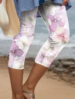 Best Women's Leggings Capri Pants High Elasticity Fashion Streetwear Full Length High Waist Floral Printing Thermal Warm Breathable Soft Outdoor Daily Pink Blue Purple Green Fall Winter Regular Fit Women Leggings