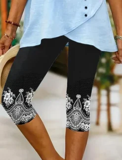 Outlet Women's Leggings Capri Pants High Elasticity Vacation Vintage Fashion Calf-Length Mid Waist Floral Graphic Printing Breathable Soft Stretchy Formal Vacation Street Robin's Egg Blue Black Dark Navy Women Leggings