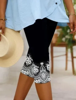 Outlet Women's Leggings Capri Pants High Elasticity Vacation Vintage Fashion Calf-Length Mid Waist Floral Graphic Printing Breathable Soft Stretchy Formal Vacation Street Robin's Egg Blue Black Dark Navy Women Leggings