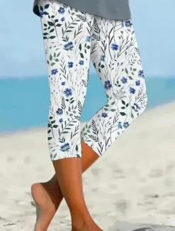 Clearance Women's Leggings Capri Pants High Elasticity Fashion Streetwear Knee Length Mid Waist Floral Printing Thermal Warm Breathable Soft Vacation Causal Daily Summer Spring Regular Fit Women Leggings|Spring Pants